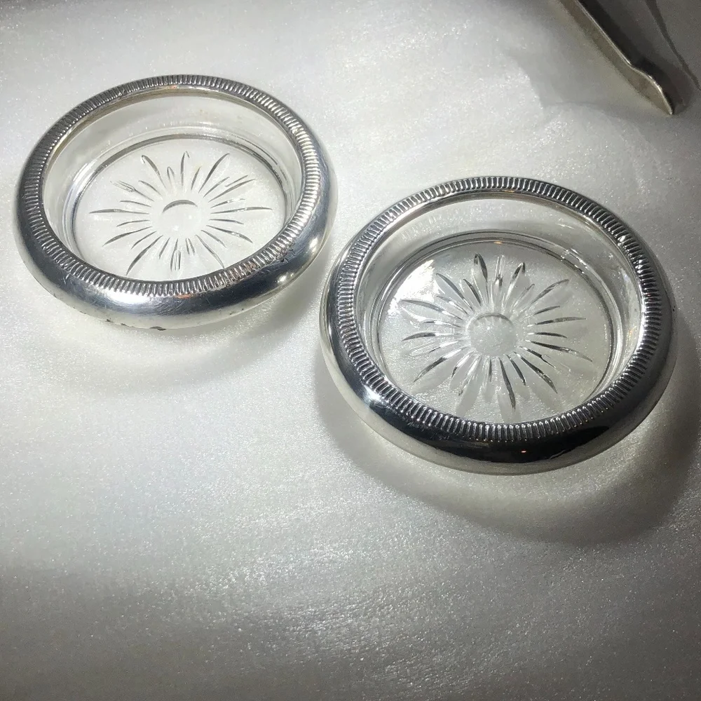 VINTAGE CROWN STERLING & CRYSTAL SUNBURST COASTERS OR ASHTRAYS - SET OF 2